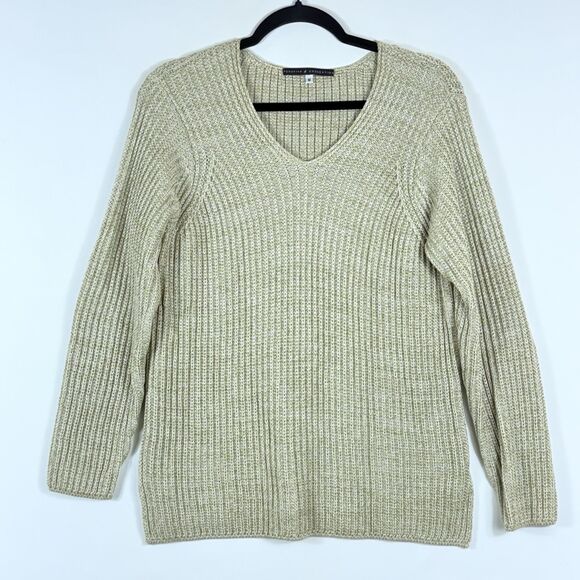 Peruvian Connection Beige Cable Knit V-Neck Pima Cotton‎ Sweater Women's Medium - Picture 1 of 6